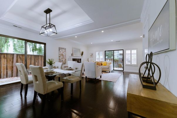 Dining room, Fireplace, Interior, Living room, Pendant Lights, Recessed Lighting, Wood Texture Flooring
