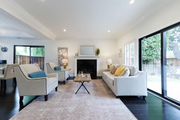 Fireplace, Interior, Living room, Recessed Lighting, Wood Texture Flooring