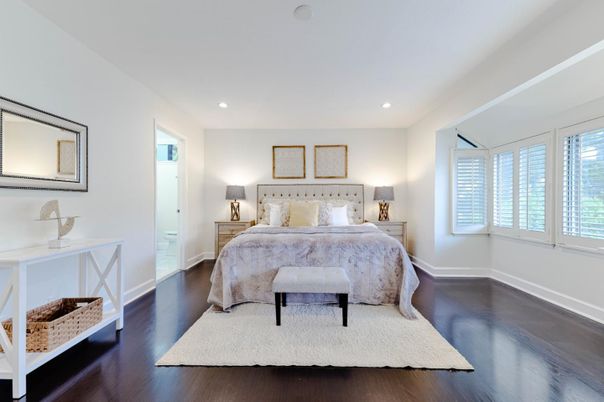Bedroom, Interior, Recessed Lighting, Wood Texture Flooring