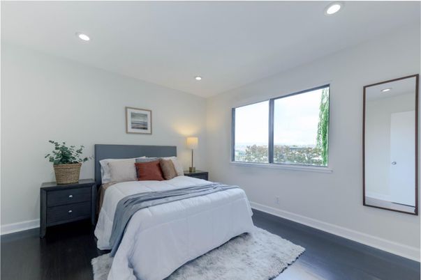 Bedroom, Interior, Recessed Lighting, Wood Texture Flooring