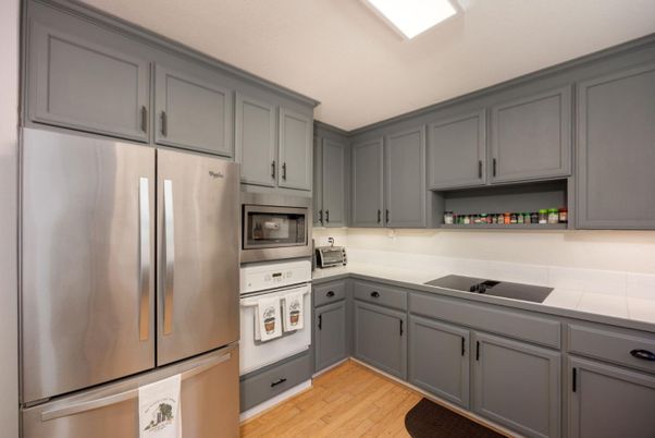 Interior, Kitchen, Tile Countertops, Wood Texture Flooring