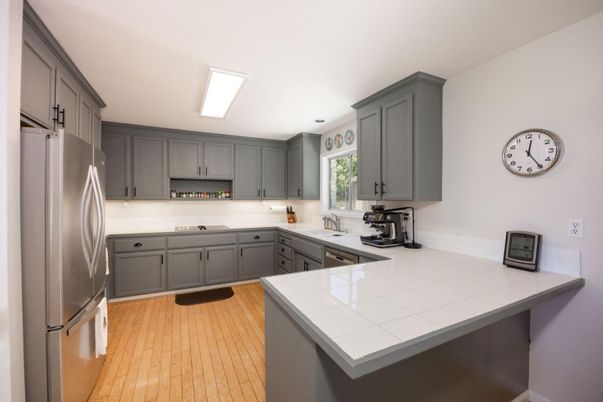 Interior, Kitchen, Tile Countertops, Wood Texture Flooring