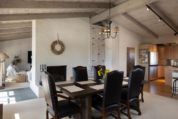 Chandelier, Dining room, Fireplace, Interior, Kitchen, Pendant Lights, Stone Walls, Wooden Beams, Wooden Ceilings, Wood Texture Flooring