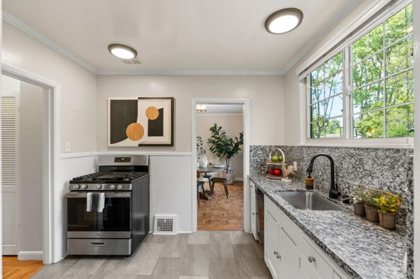 Dining room, Interior, Kitchen, Recessed Lighting, Stainless Steel Appliances, Wood Texture Flooring