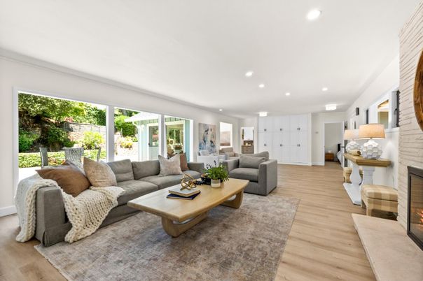 Fireplace, Interior, Living room, Recessed Lighting, Wood Texture Flooring