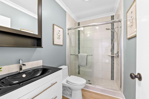 Bathroom, Glass Shower, Interior, Recessed Lighting, Wood Texture Flooring