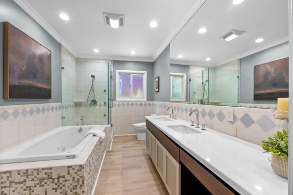 Bathroom, Glass Shower, Interior, Recessed Lighting, Wood Texture Flooring