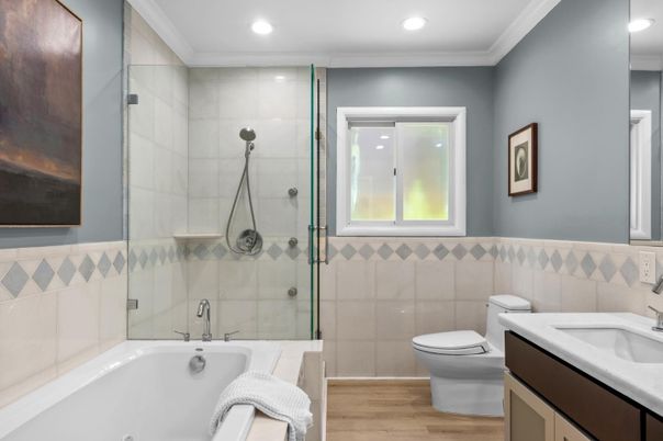 Bathroom, Glass Shower, Interior, Recessed Lighting, Wood Texture Flooring