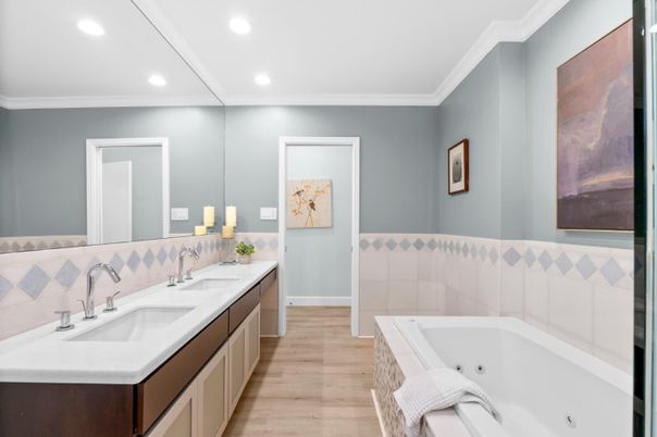 Bathroom, Dual Sink Vanities, Interior, Recessed Lighting, Wood Texture Flooring