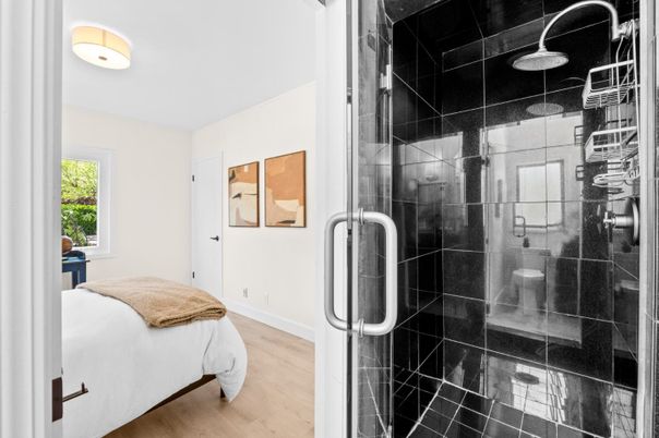 Bathroom, Glass Shower, Interior, Wood Texture Flooring