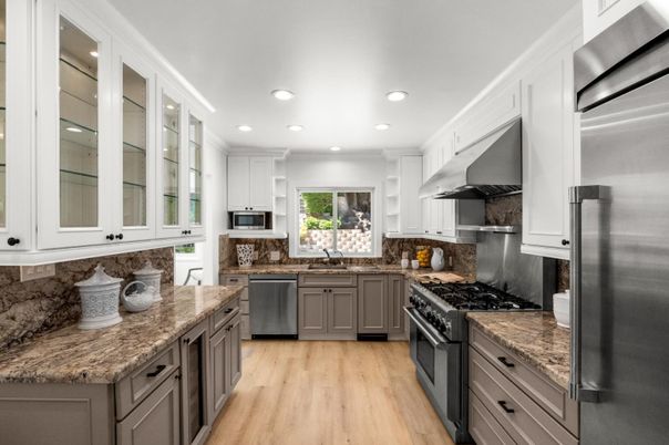 Interior, Kitchen, Recessed Lighting, Stainless Steel Appliances, Wood Texture Flooring