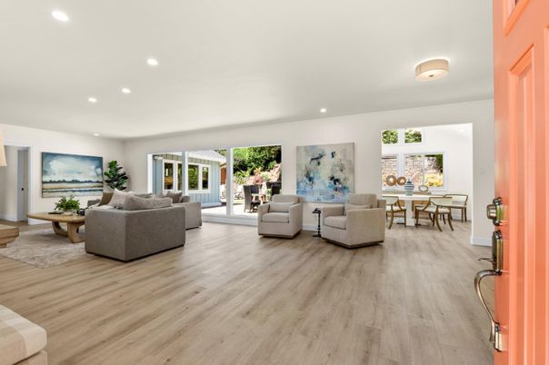 Dining room, Interior, Living room, Recessed Lighting, Wood Texture Flooring