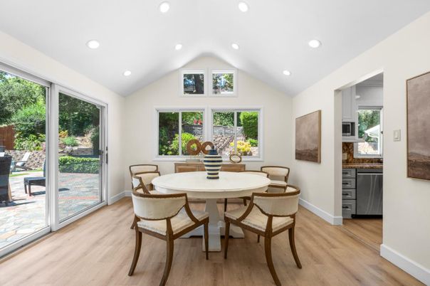Dining room, Interior, Recessed Lighting, Wood Texture Flooring