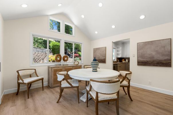 Dining room, Interior, Recessed Lighting, Wood Texture Flooring
