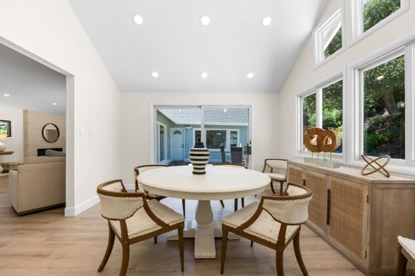 Dining room, Interior, Recessed Lighting, Wood Texture Flooring