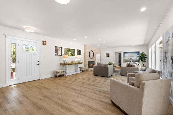 Fireplace, Interior, Living room, Recessed Lighting, Wood Texture Flooring
