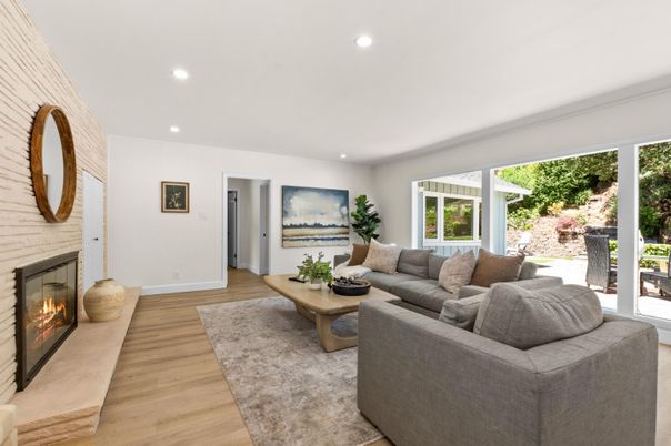 Fireplace, Interior, Living room, Recessed Lighting, Wood Texture Flooring
