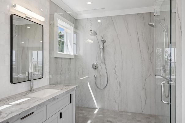 Bathroom, Glass Shower, Interior, Marble Walls, Recessed Lighting