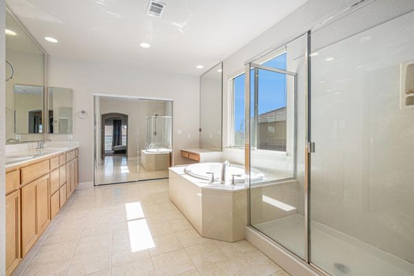 Bathroom, Dual Sink Vanities, Glass Shower, Interior, Recessed Lighting