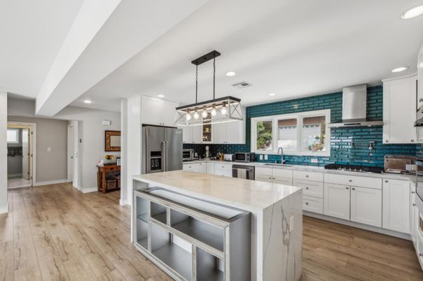 Interior, Kitchen, Pendant Lights, Recessed Lighting, Stainless Steel Appliances, Wood Texture Flooring