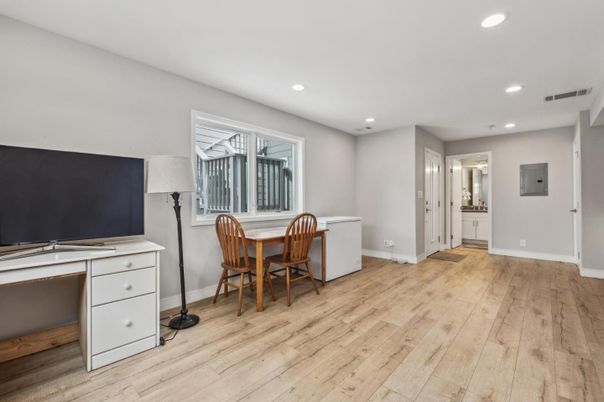 Dining room, Interior, Recessed Lighting, Wood Texture Flooring