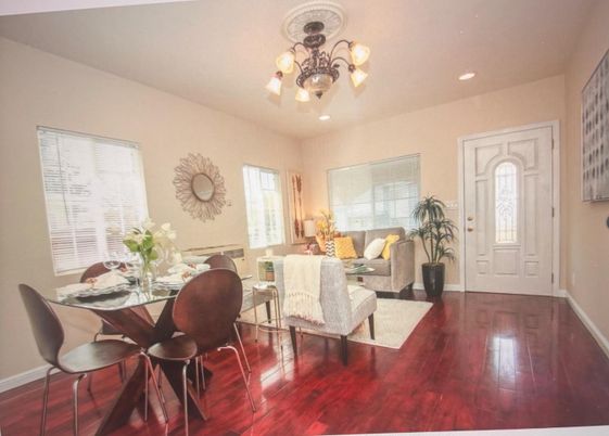 Chandelier, Dining room, Interior, Living room, Recessed Lighting, Wood Texture Flooring