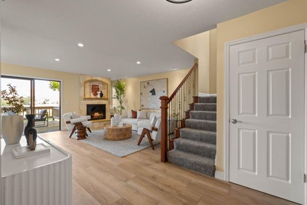 Fireplace, Interior, Living room, Recessed Lighting, Wood Texture Flooring