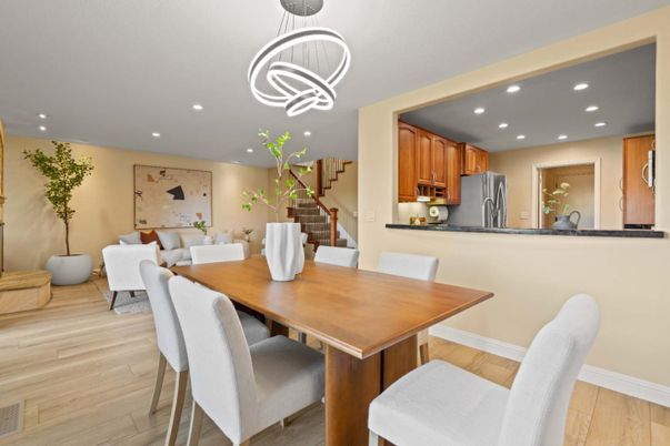 Dining room, Interior, Kitchen, Living room, Pendant Lights, Recessed Lighting, Stainless Steel Appliances, Wood Texture Flooring