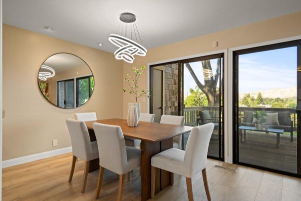 Dining room, Interior, Pendant Lights, Recessed Lighting, Wood Texture Flooring