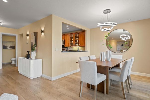 Dining room, Interior, Pendant Lights, Recessed Lighting, Wood Texture Flooring