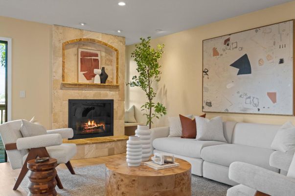 Fireplace, Interior, Living room, Recessed Lighting, Wood Texture Flooring