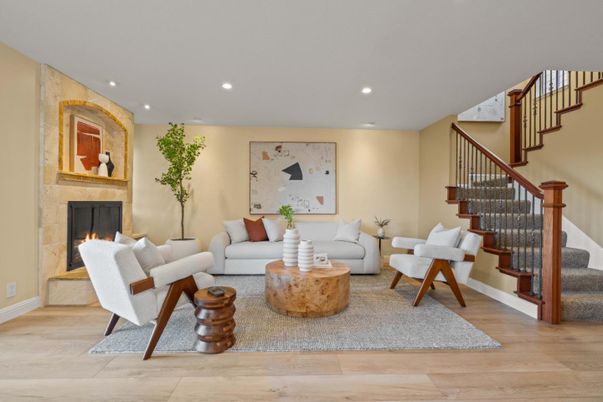 Fireplace, Interior, Living room, Recessed Lighting, Wood Texture Flooring