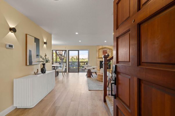 Dining room, Fireplace, Interior, Living room, Recessed Lighting, Wood Texture Flooring
