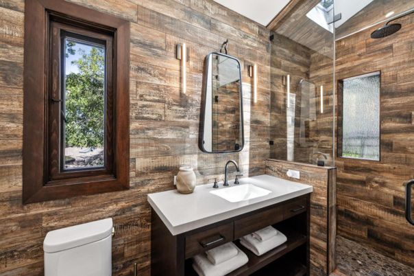 Bathroom, Glass Shower, Interior, Wooden Walls