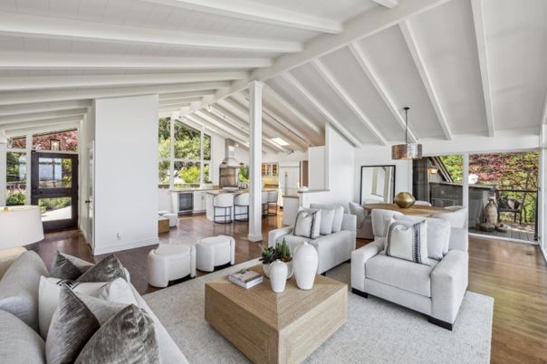 Dining room, Interior, Living room, Pendant Lights, Wood Texture Flooring