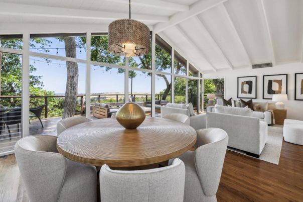 Dining room, Interior, Living room, Pendant Lights, Sun Room, Wood Texture Flooring