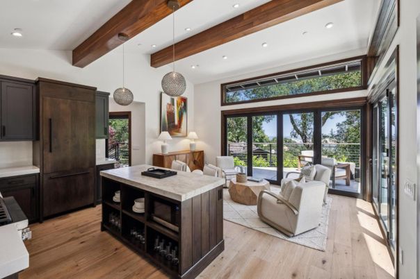 Interior, Kitchen, Living room, Pendant Lights, Recessed Lighting, Wooden Beams, Wood Texture Flooring