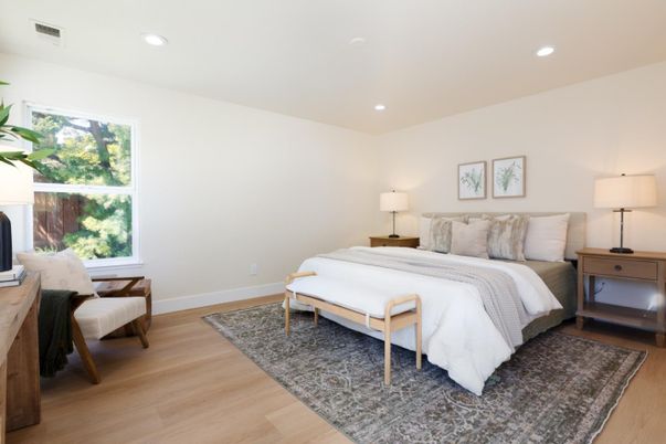 Bedroom, Interior, Recessed Lighting, Wood Texture Flooring