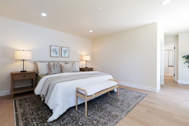 Bedroom, Interior, Recessed Lighting, Wood Texture Flooring