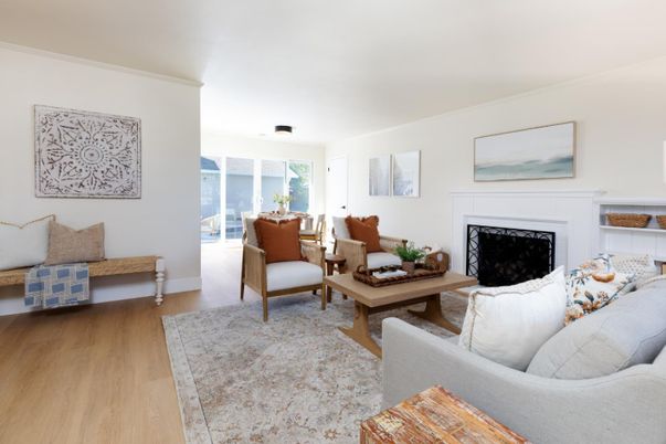 Dining room, Fireplace, Interior, Living room, Wood Texture Flooring