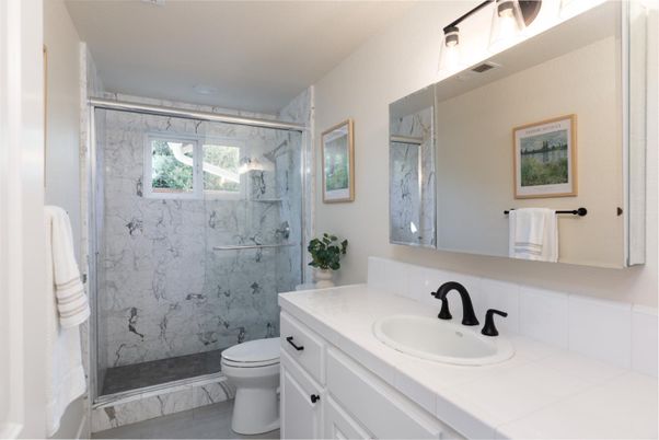 Bathroom, Glass Shower, Interior, Marble Walls, Tile Countertops
