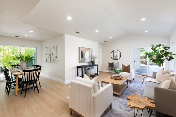 Dining room, Interior, Living room, Recessed Lighting, Wood Texture Flooring