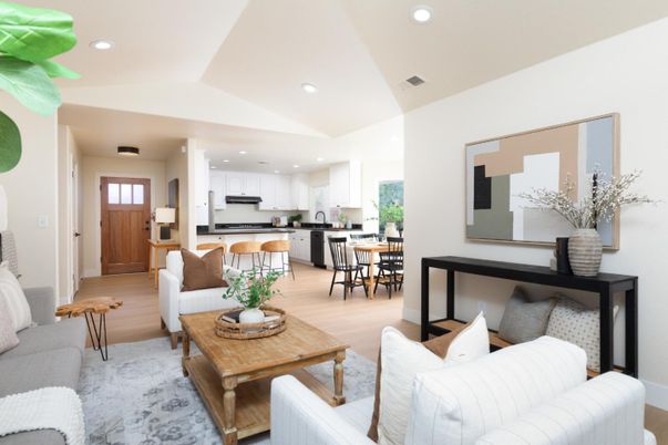 Interior, Kitchen, Living room, Recessed Lighting, Stainless Steel Appliances, Wood Texture Flooring