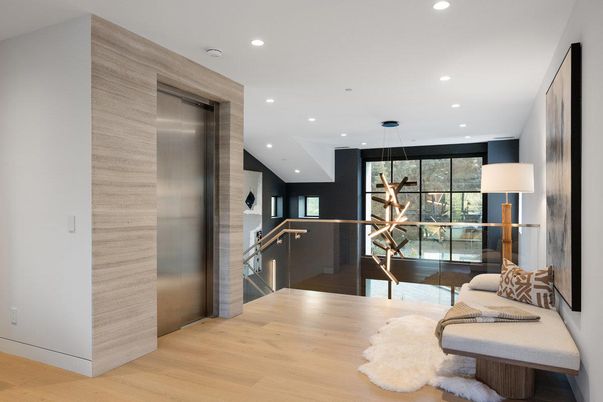 Bedroom, Elevator, Interior, Pendant Lights, Recessed Lighting, Wood Texture Flooring