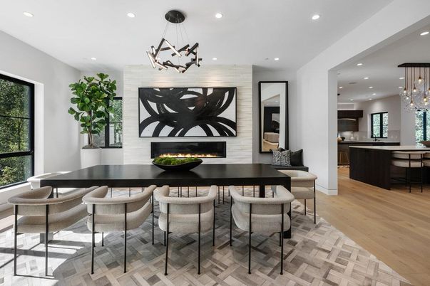 Dining room, Fireplace, Interior, Kitchen, Pendant Lights, Recessed Lighting, Wood Texture Flooring