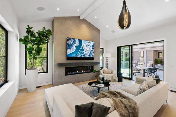 Dining room, Fireplace, Interior, Living room, Pendant Lights, Recessed Lighting, Wood Texture Flooring
