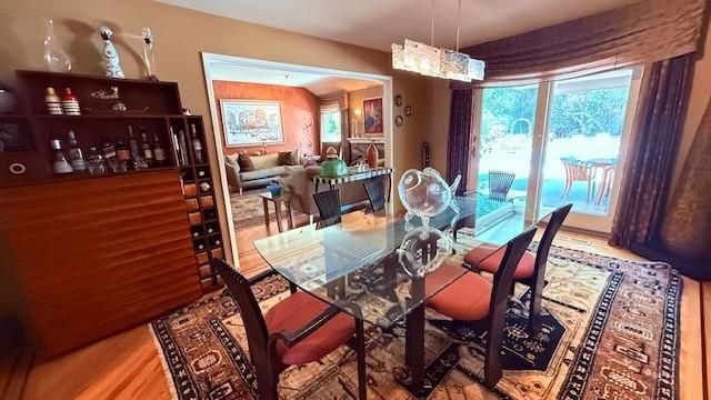 Dining room, Interior, Living room, Pendant Lights, Wood Texture Flooring