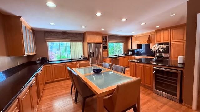 Dining room, Interior, Kitchen, Recessed Lighting, Stainless Steel Appliances, Wood Texture Flooring