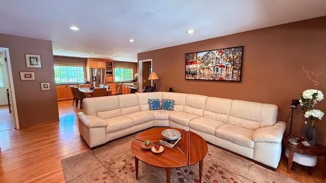 Dining room, Interior, Kitchen, Living room, Recessed Lighting, Stainless Steel Appliances, Wood Texture Flooring