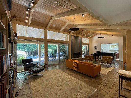 Fireplace, Interior, Living room, Pendant Lights, Recessed Lighting, Wooden Ceilings